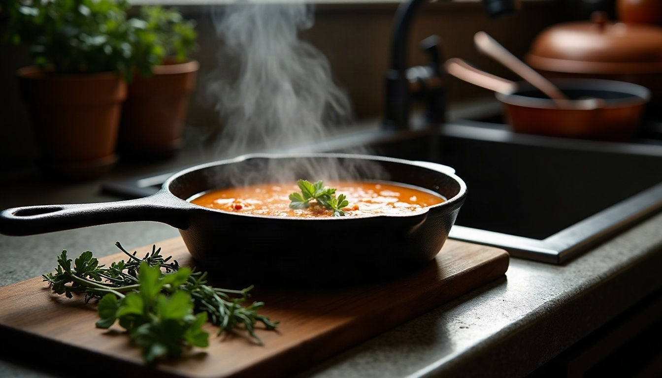 A cast iron pan of simmering soup with a chef's knife and herbs on a worn board beside a sink edge.
