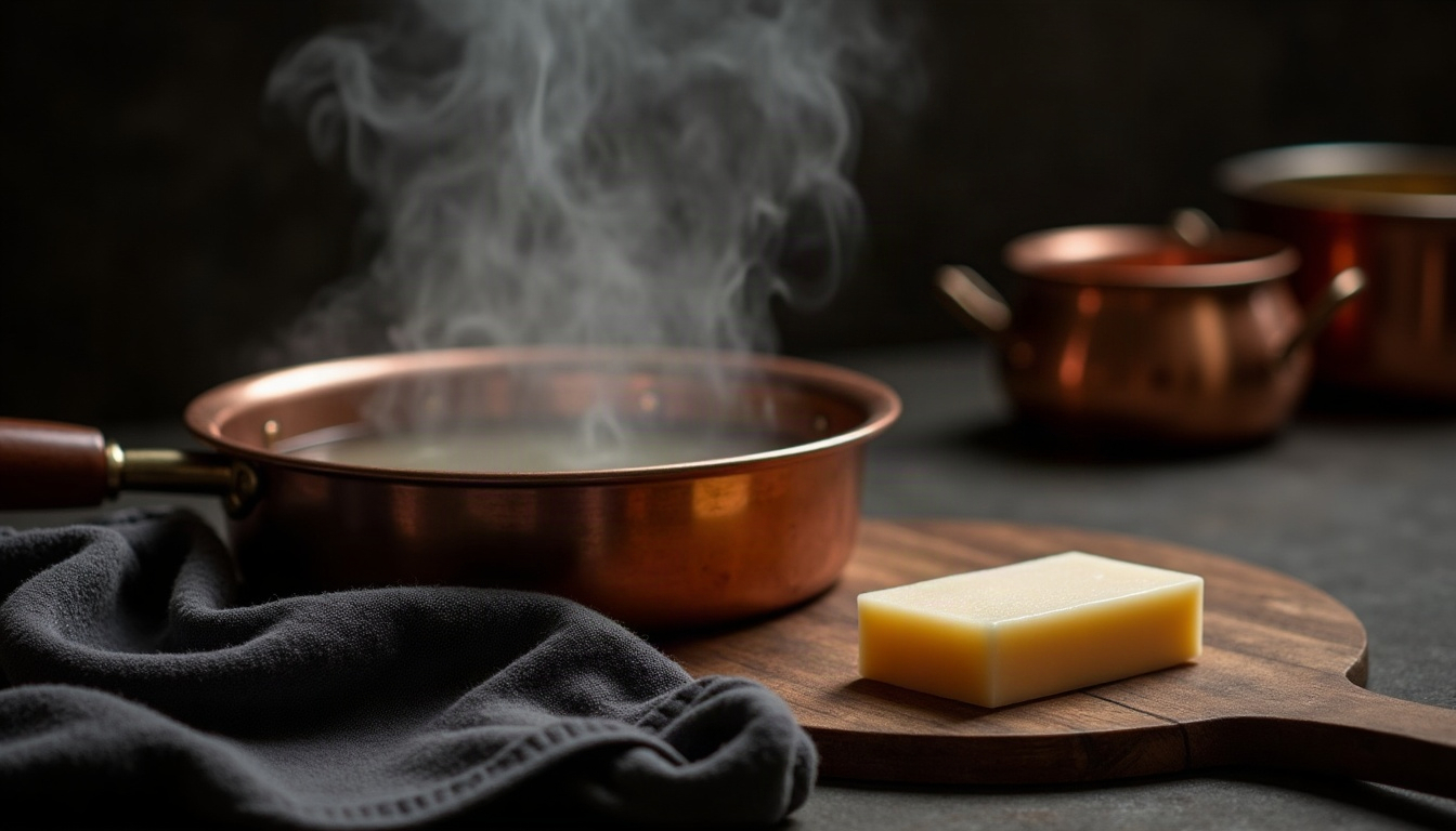 Steam rising from a copper basin of hot water beside a folded dark towel and a plain bar of soap on a worn board.