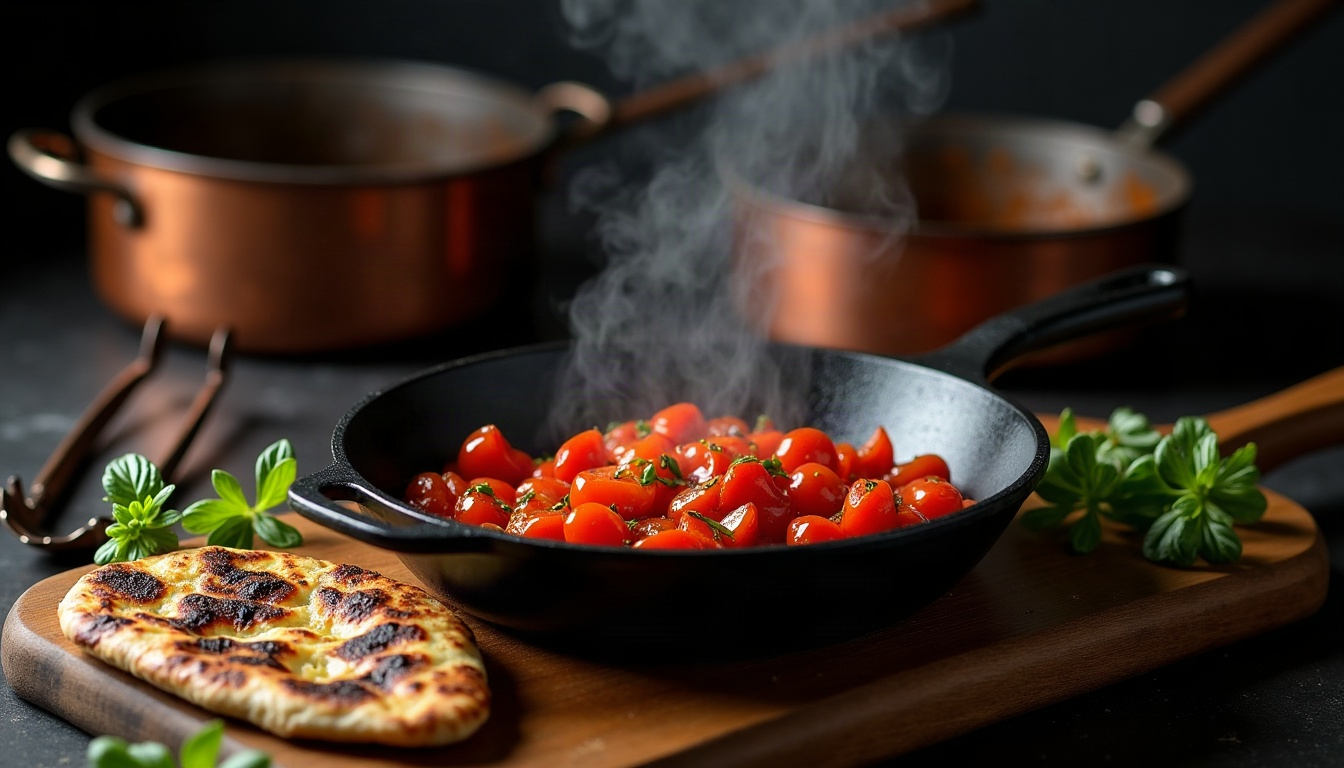 A cast iron skillet of charred peppers and a flatbread on a worn wooden board in low, moody light.